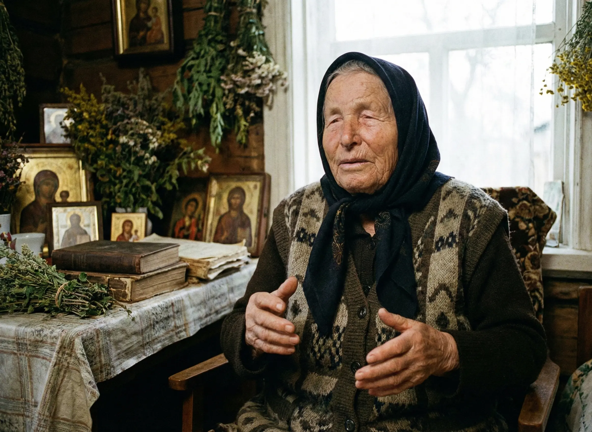 Ванга провидиця сидить за столом навколо ікон біля вікна