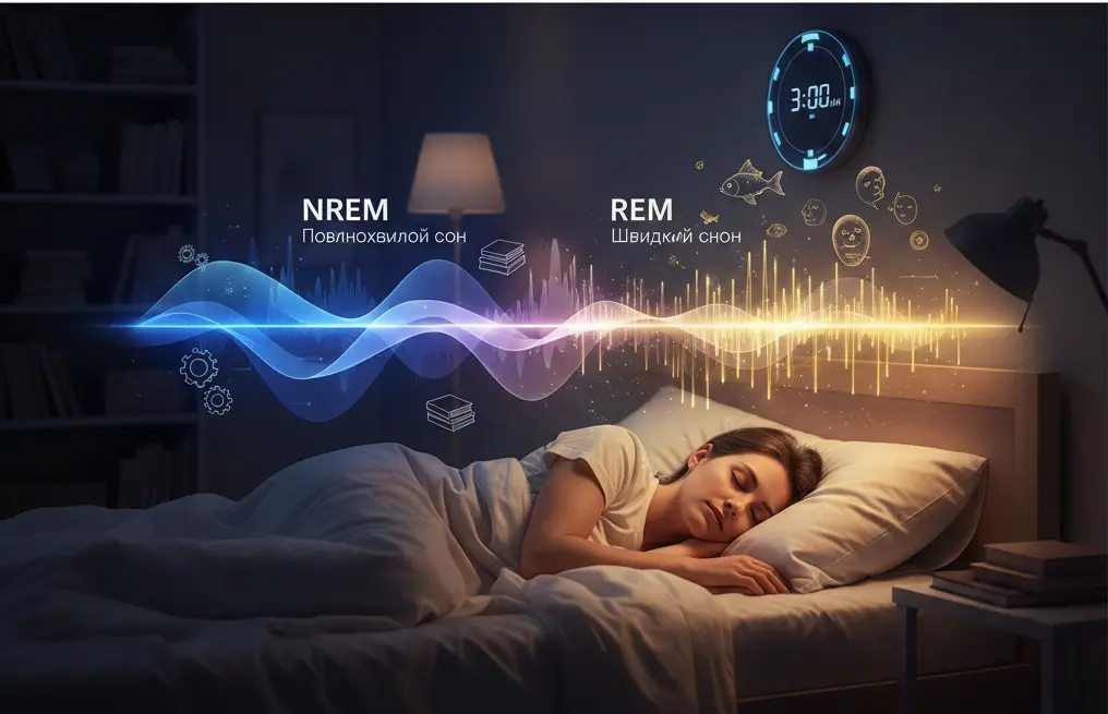 людина у ліжку над нею графіка з фазами сну