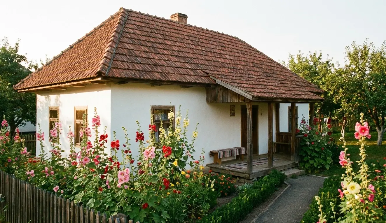 красива стара українська хата з мальвами